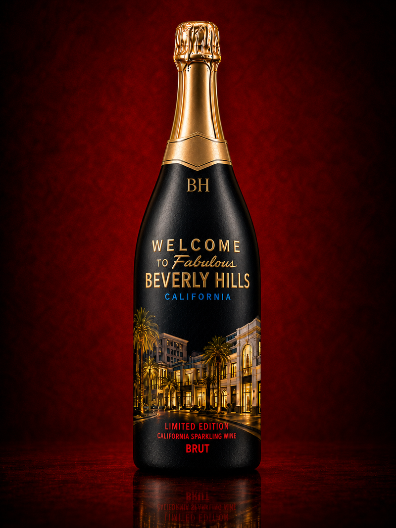 Moreno Beverly Hills Sparkling Wine BRUT 750ml limited edition California sparkling wine, black bottle with Welcome to Fabulous Beverly Hills artwork