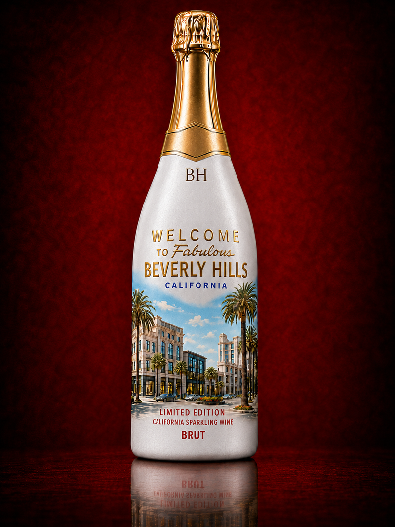 Moreno Beverly Hills Sparkling Wine BRUT 750ml limited edition California sparkling wine, white bottle with Welcome to Fabulous Beverly Hills artwork