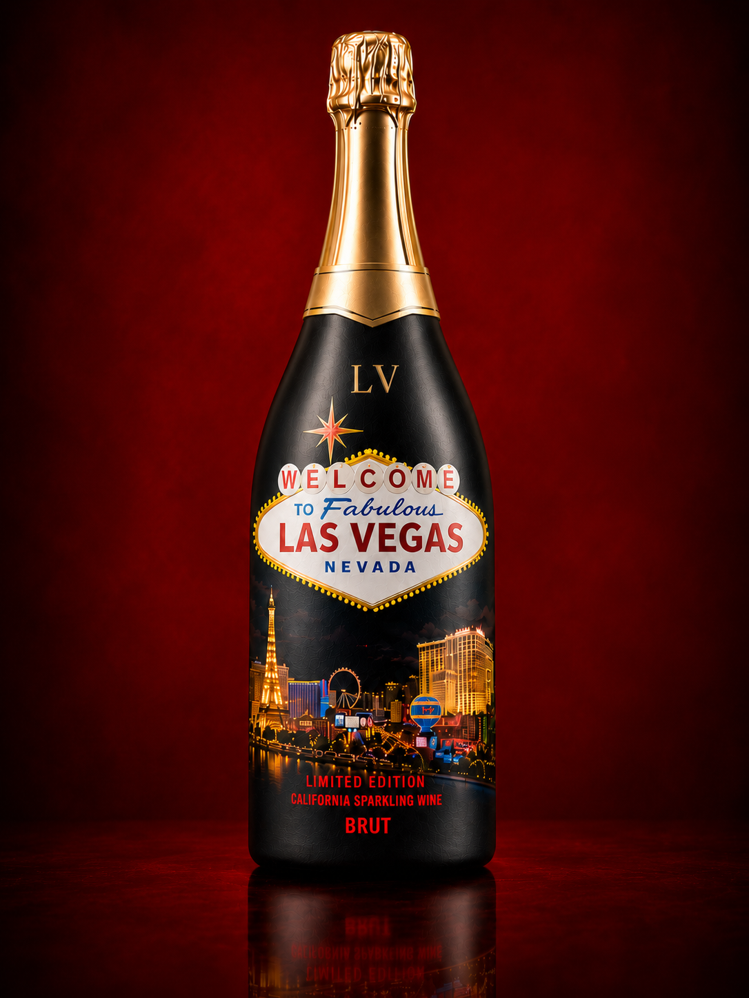 Moreno Las Vegas Sparkling Wine BRUT 750ml limited edition, black bottle with the Welcome to Fabulous Las Vegas sign and the Strip skyline