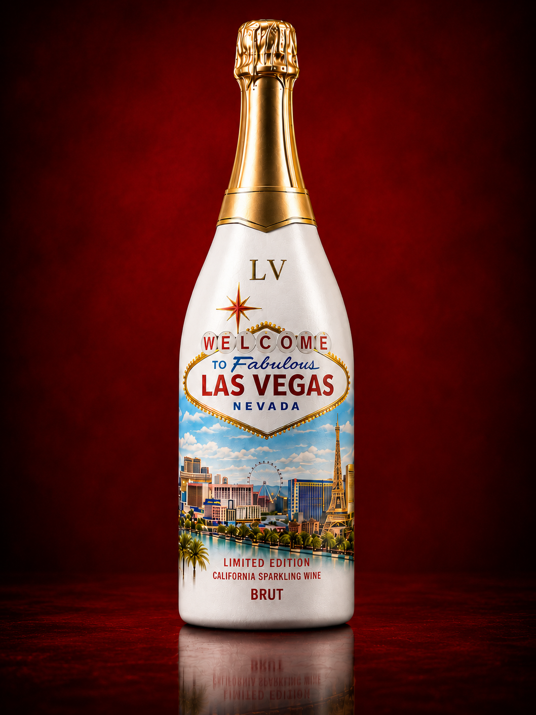 Moreno Las Vegas Sparkling Wine BRUT 750ml limited edition, white bottle with the Welcome to Fabulous Las Vegas sign and the Strip skyline